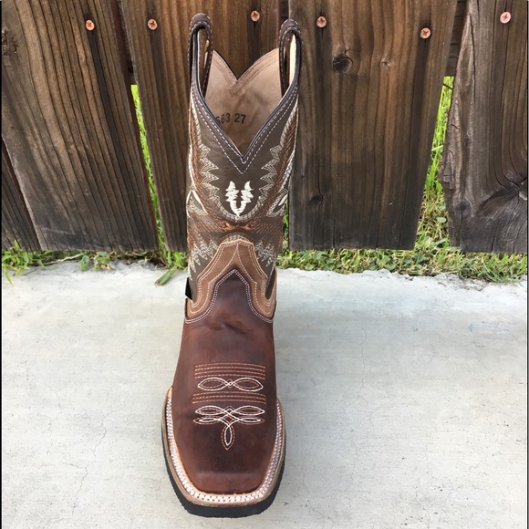 Mens Rodeo Square Toe All Leather Brown Boots - Picture 2 of 5